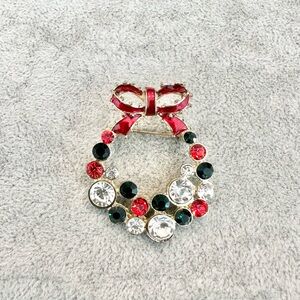 Vintage Christmas Enamel And Crystal Rhinestone Wreath With Red Ribbon Brooch